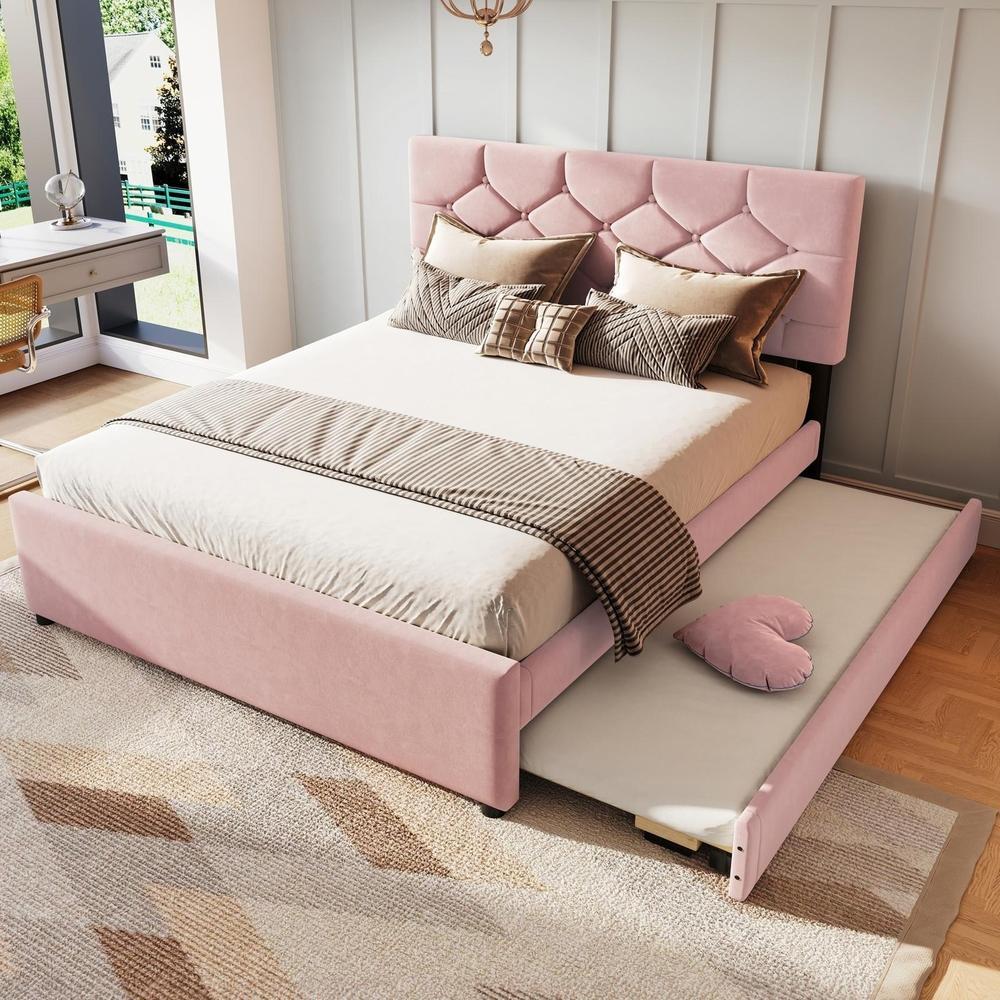 Cama 140x200cm com estrado de ripas e cama auxiliar integrada rosa