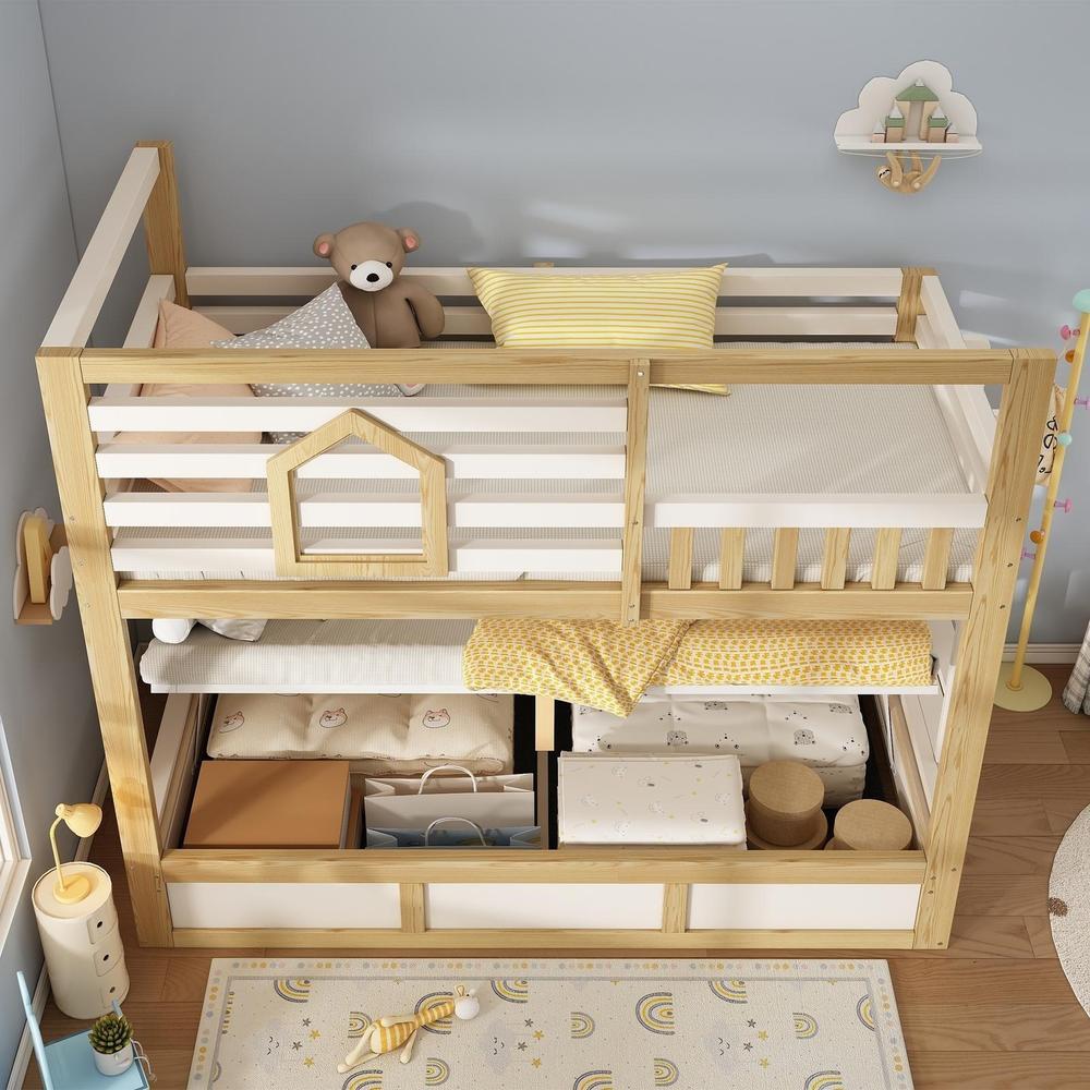 Beliche infantil de madeira com janelas 90x200cm branco natural