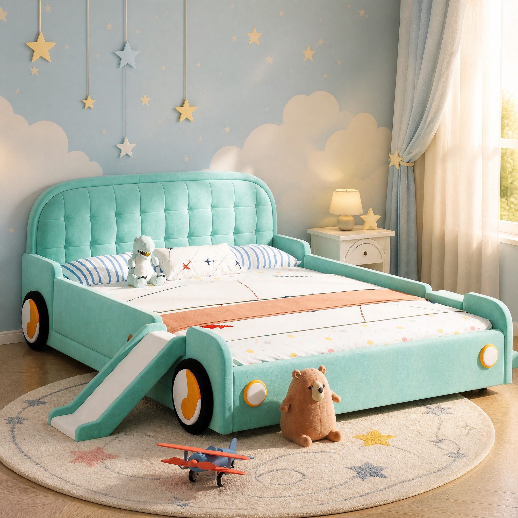 Cama infantil 140x200cm com rampa e escada veludo – azul verde