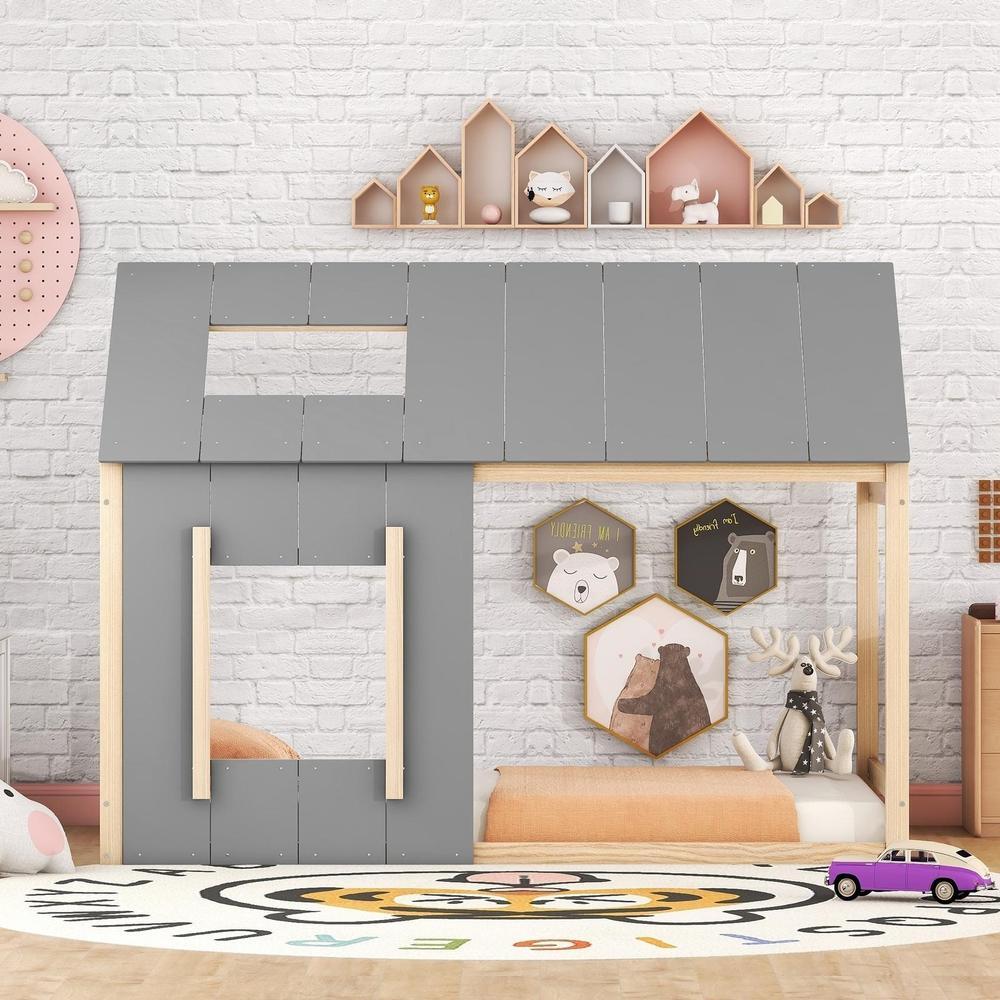 Cama infantil casa 90x200cm com teto e janelas cinza