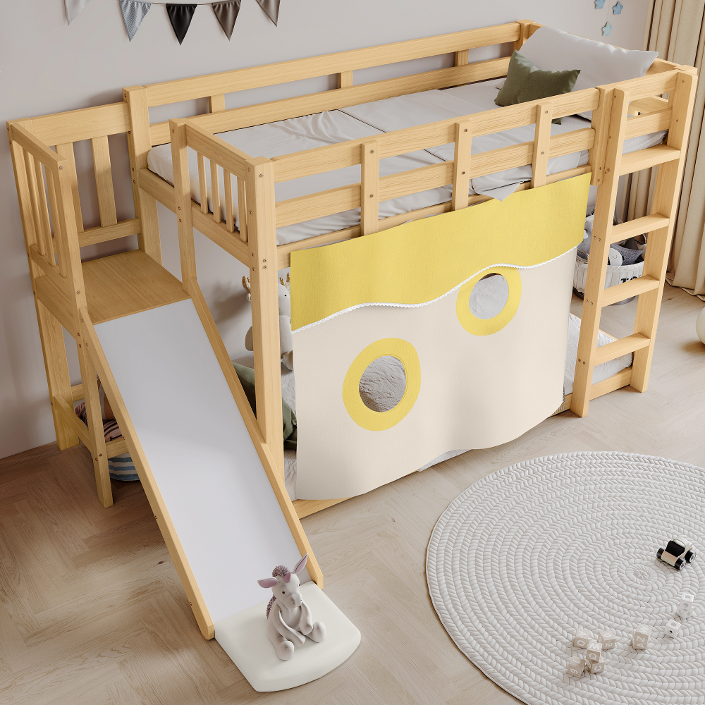 Beliche infantil 90x200cm com escada, escorrega e cortinas madeira natural