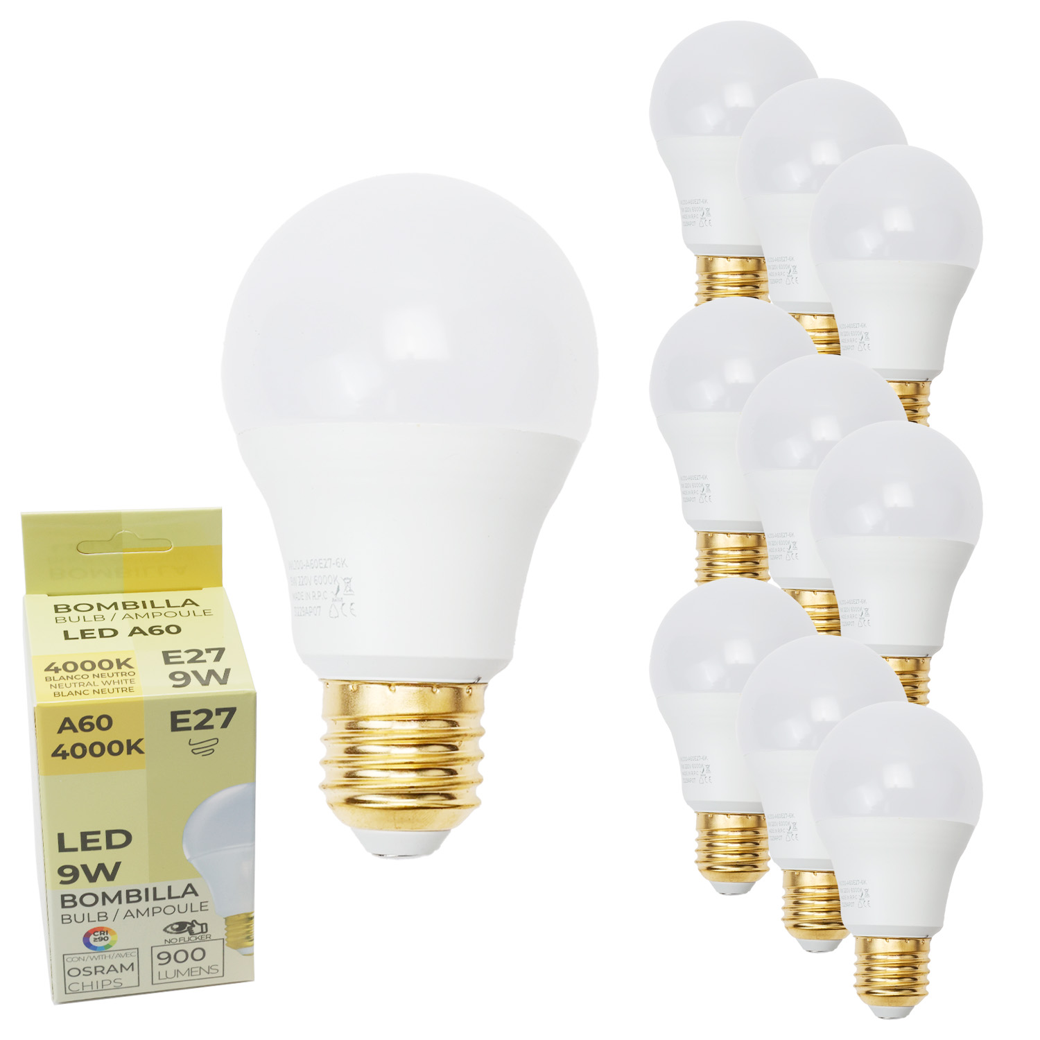 Pacote com 10 lâmpadas LED E27 A60 9W,Branco Neutro 4000K Não Piscante