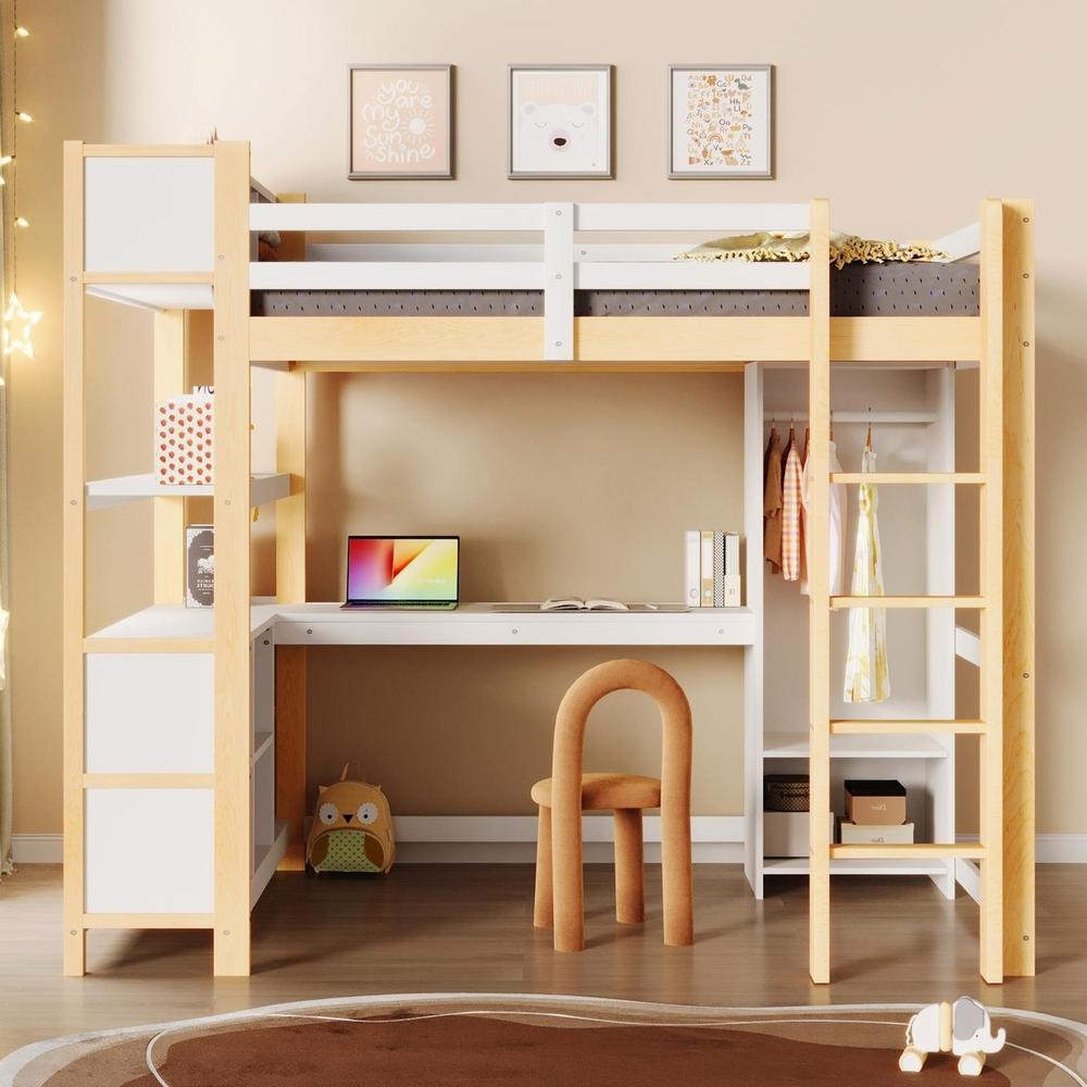 Cama alta 140x200cm com secretária, roupeiro e grade natural