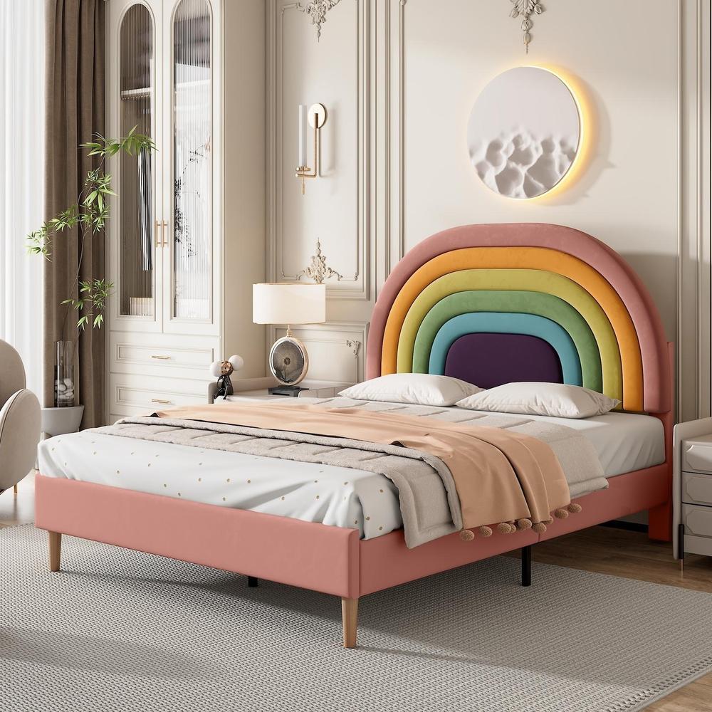 Cama 140x200cm com estrado de ripas e cabeceira regulável rosa