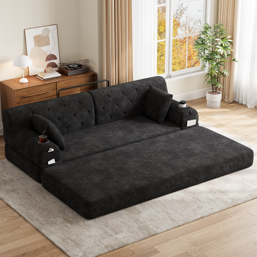 Sofá-cama de 3 lugares em corda preto com encosto alto e bolsos