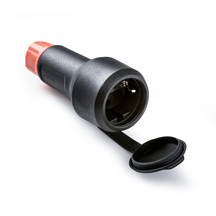 Tomada 2P+T 16A-250V com tampa preta, prensa-cabo IP54