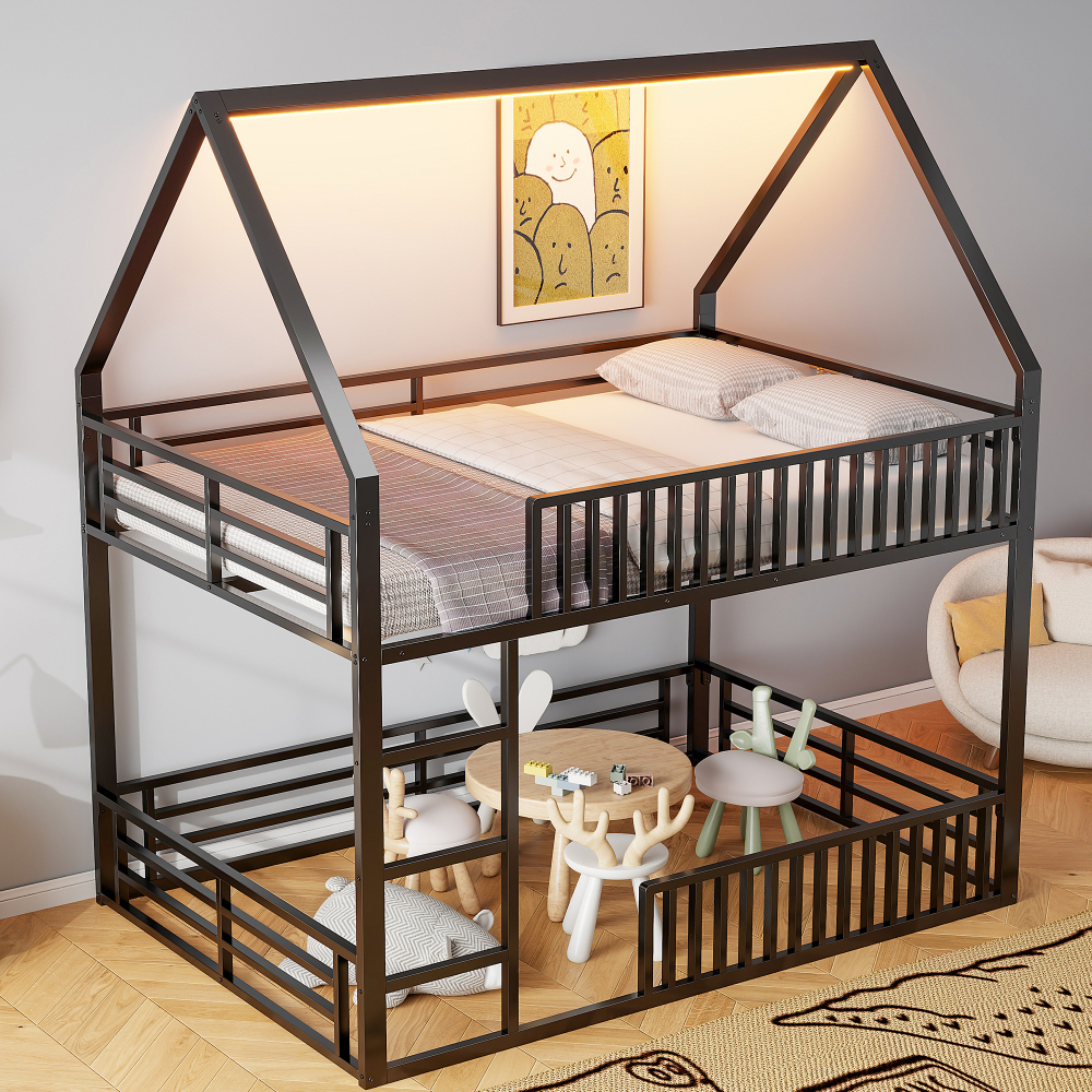 Beliche casinha 140x200cm com grade e luz LED metal preto