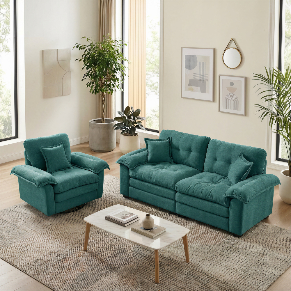 Conjunto de sofás em chenille verde com almofadas poltrona e 2 lugares