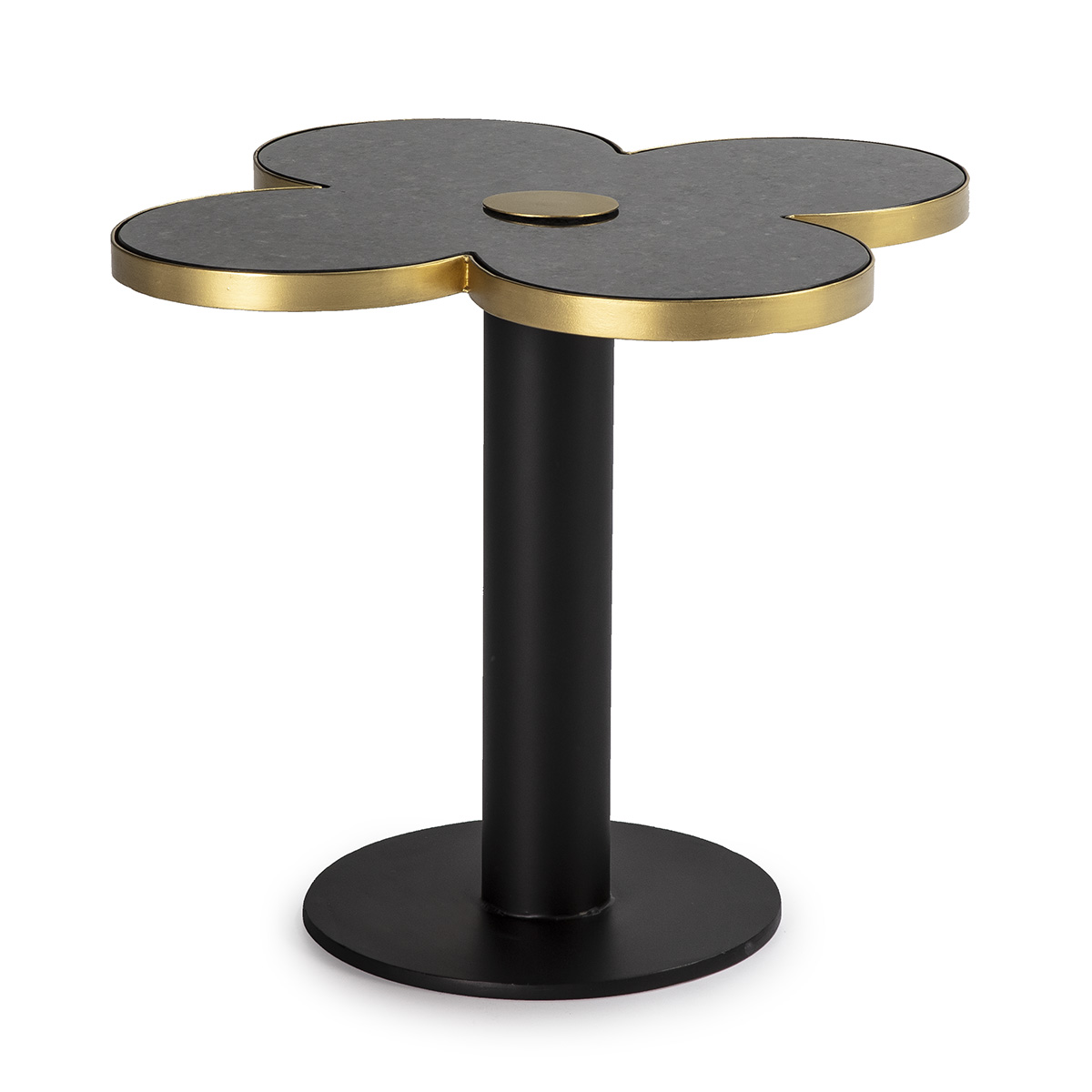 Mesa lateral 60x60x50 em granito preto, metal dourado, preta