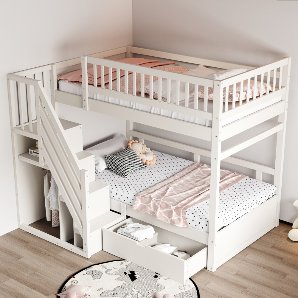 Beliche 90x200cm com escada arrumação e gavetas madeira – branco