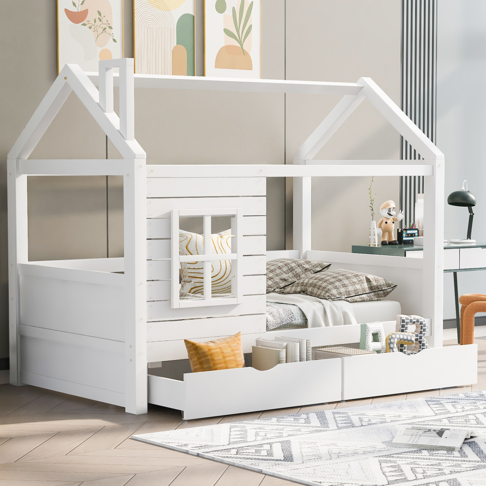 Cama casinha infantil 90x200cm com arrumação madeira – branco