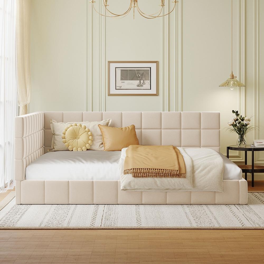 Sofá cama 140x200cm veludo conversível com somier e baú beige