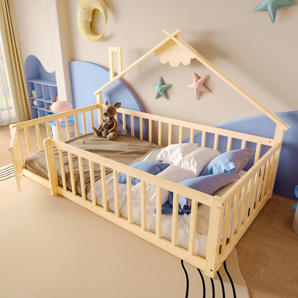 Cama infantil 90x190cm casinha com grade pinheiro – natural