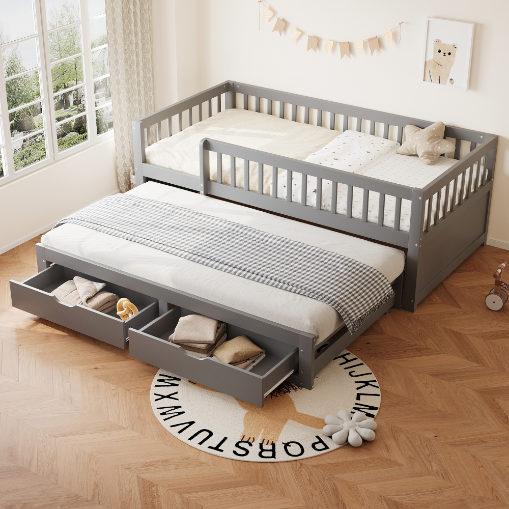 Sofá cama 90x200cm com cama auxiliar e arrumação madeira – cinzento