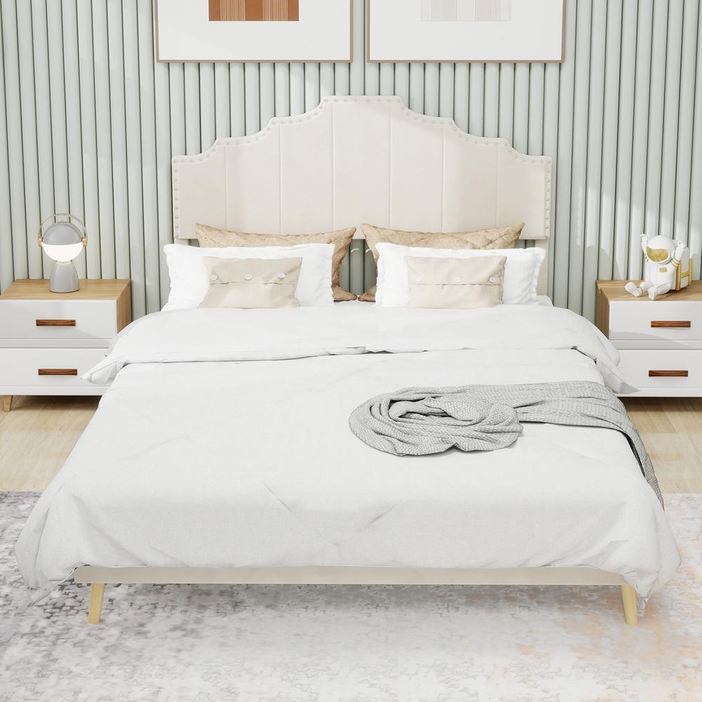 Cama 160x200cm com cabeceira e base baixa bege, sem colchão incluído