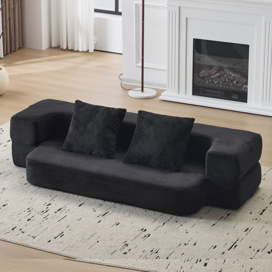 Sofá cama dobrável 2 lugares preto em espuma para sala e quarto