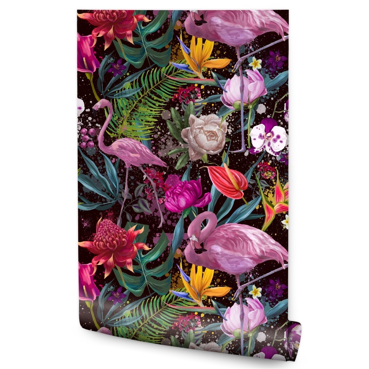 Papel de parede decoração moderna sala de estar flowers flamingos leaves