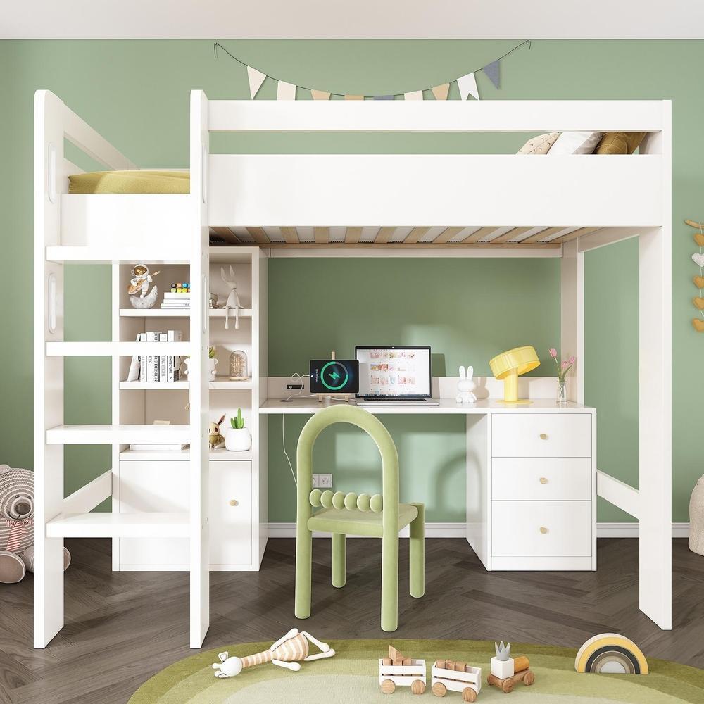 Cama infantil 90x200cm com secretária usb-c e armário 3 gavetas branca