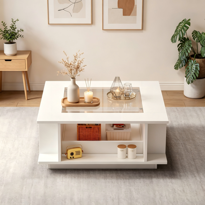 Mesa de centro quadrada branca 30x70x70cm com vidro e LED