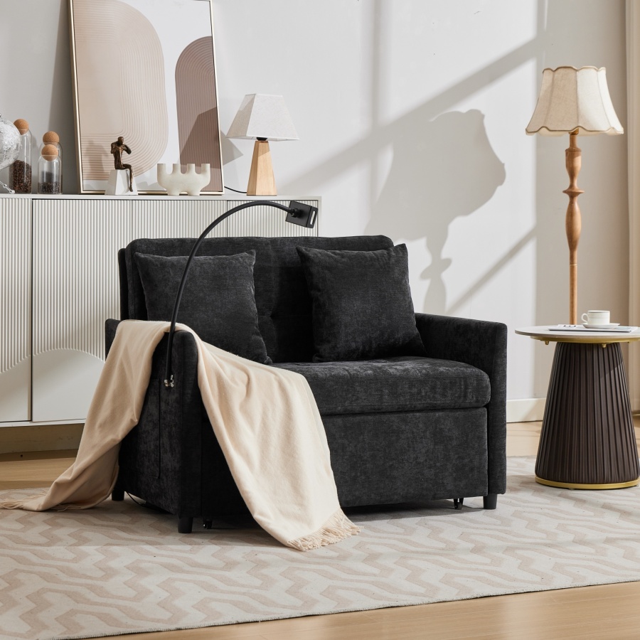 Sofá-cama individual dobrável em tecido preto com usb e suporte