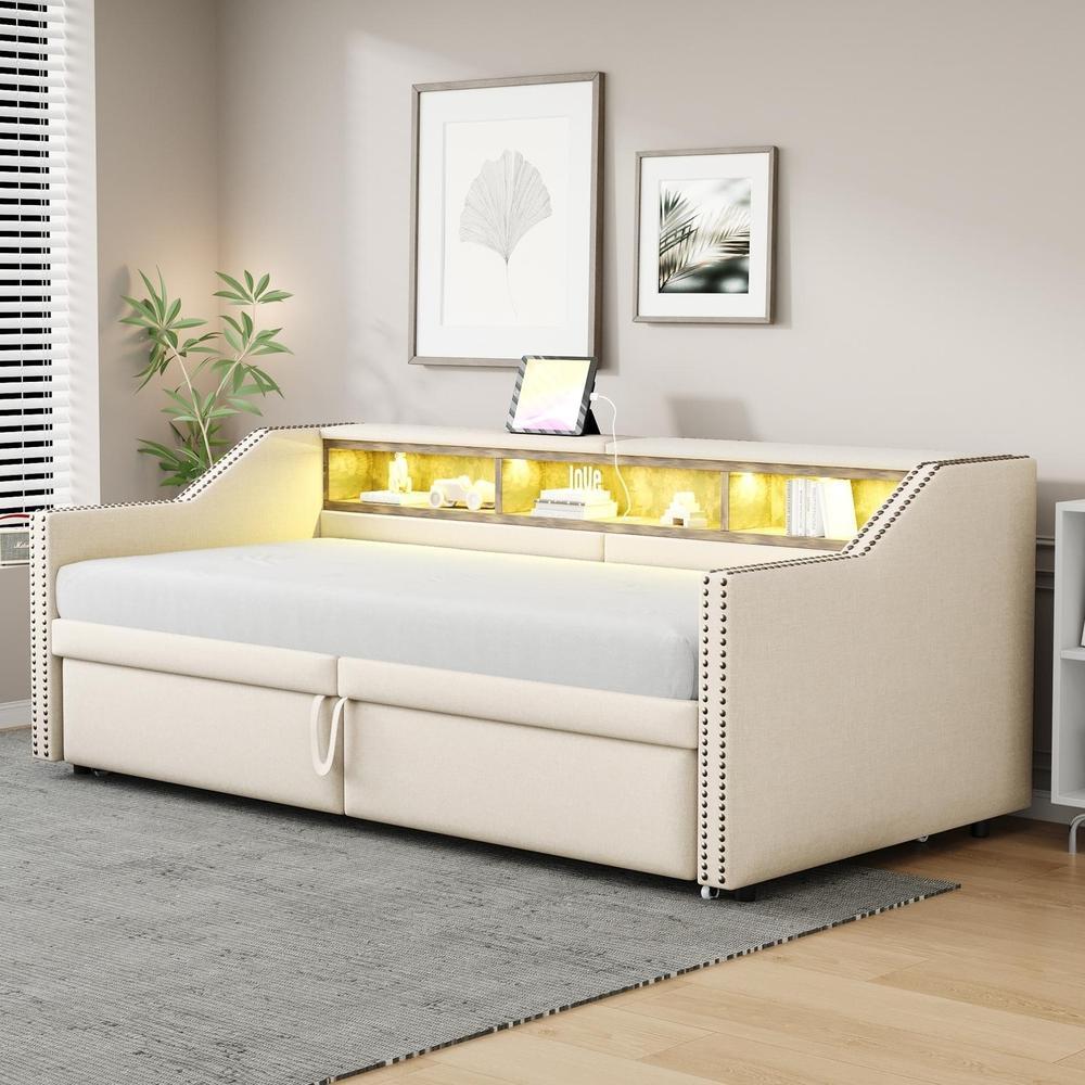 Sofá-cama convertível 90/180x200 cm com LED, usb e arrumação bege