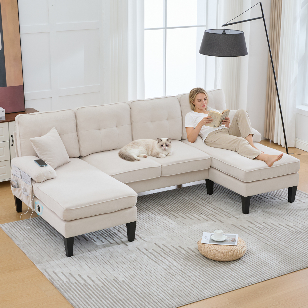 Sofá em u em linho bege 4 lugares com duas chaise longues e usb