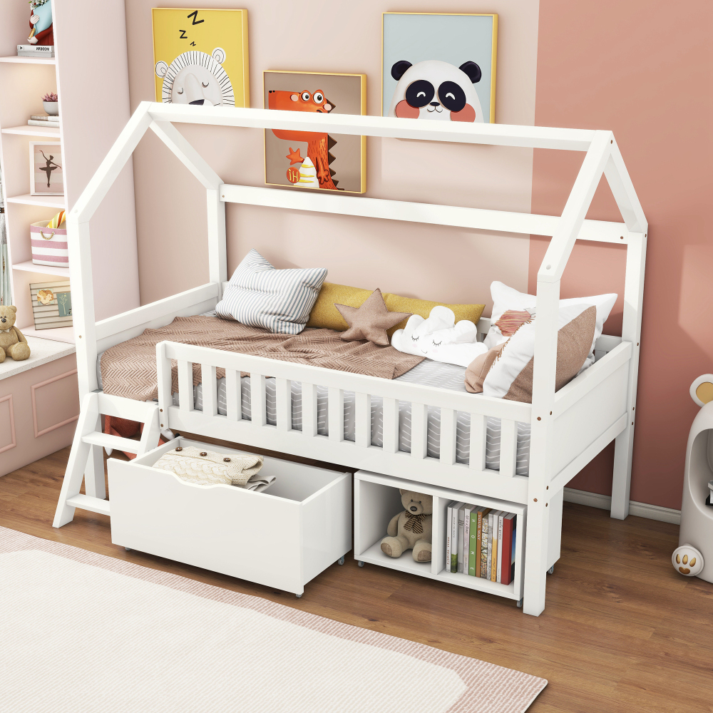 Cama casinha 90x200cm com arrumação madeira – branco