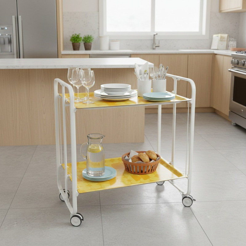 Carrinho de serviço dobrável bauhaus, armação de metal branco, 2 bandejas