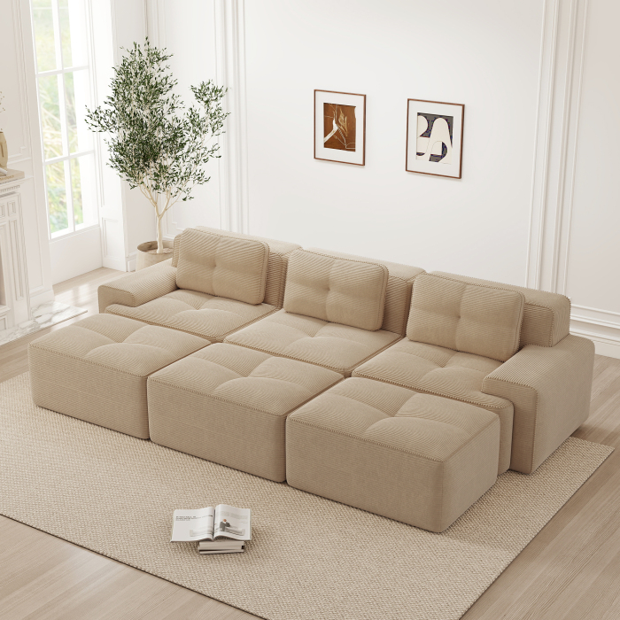 Sofá modular em canto em veludo cotelê bege 3 lugares com função cama