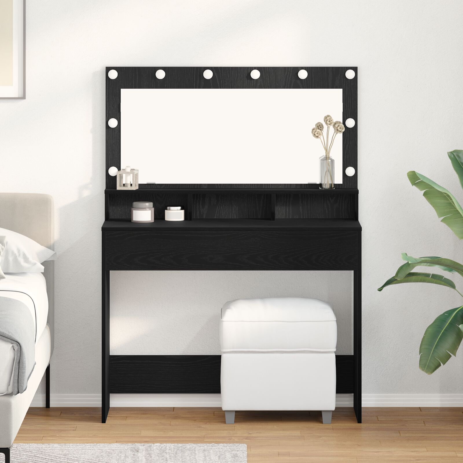 Mesa de maquiagem com luzes LED preta carvalho 100x41x135 cm wf327814