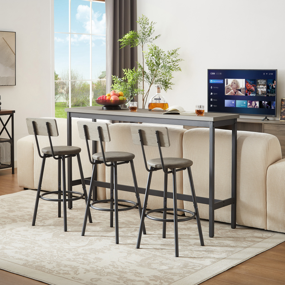 Conjunto mesa alta industrial com 3 bancos em cinzento e preto 160 cm