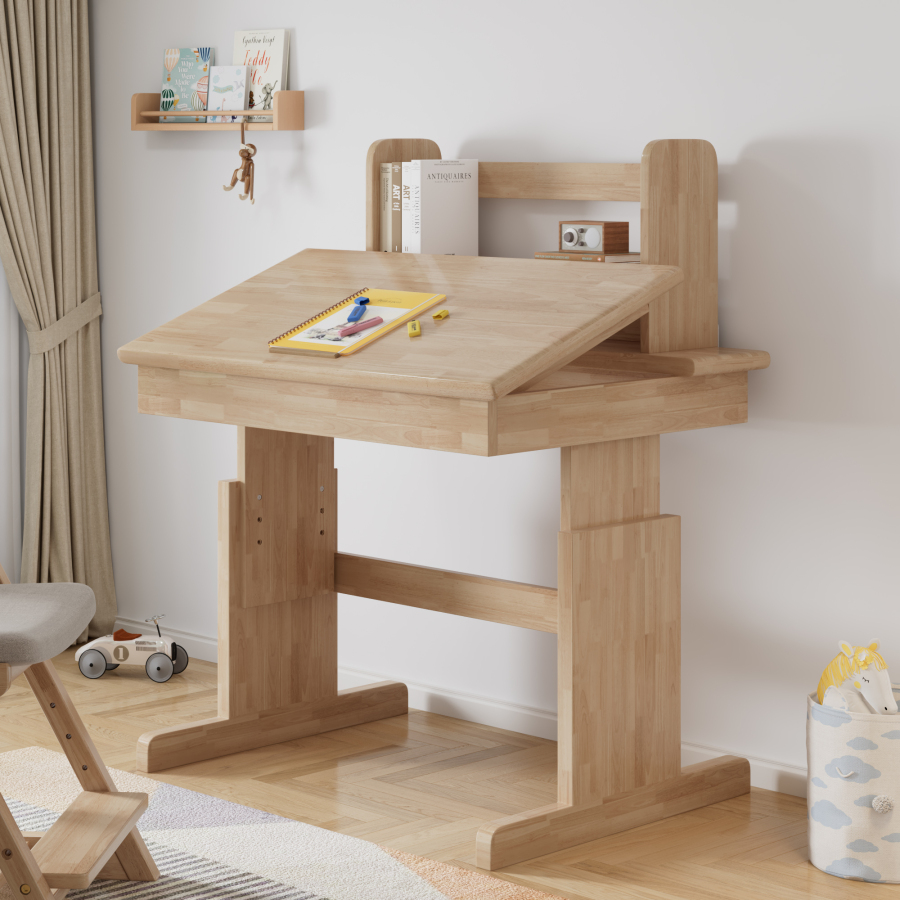 Mesa infantil multifuncional ajustável madeira natural 94x80x80cm