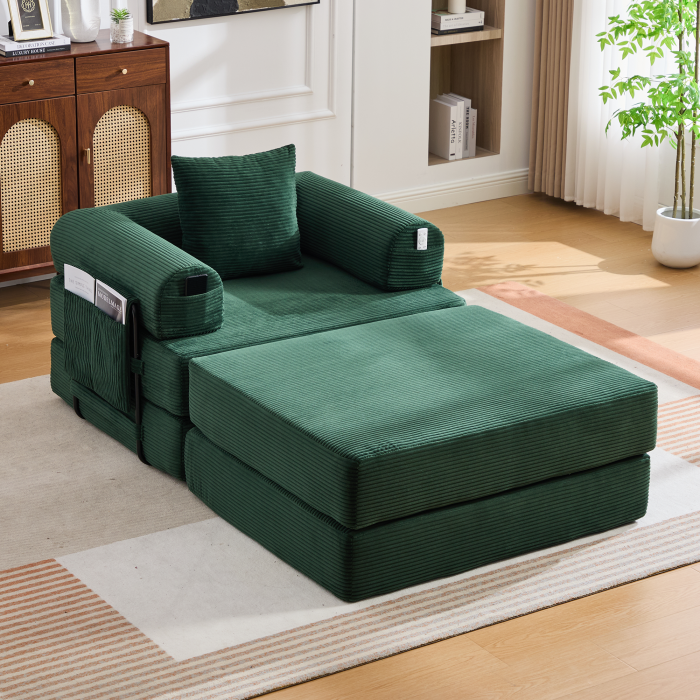 Poltrona modular em bombazina verde esmeralda com puff e bolsa lateral