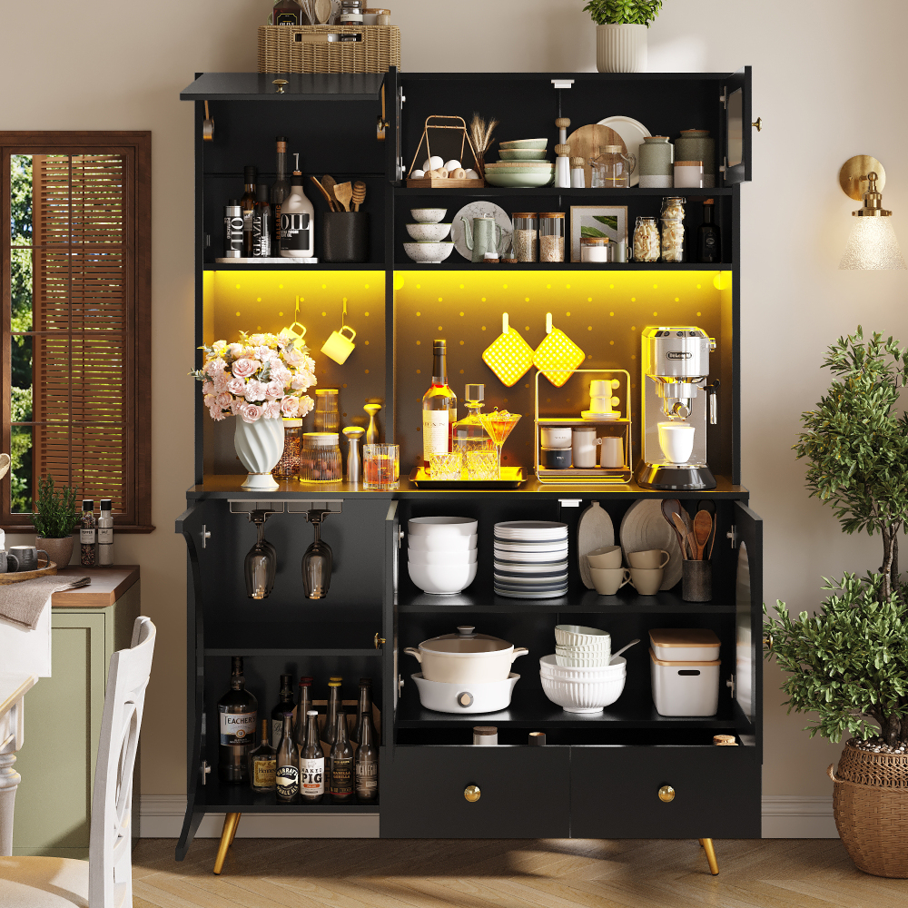 Armário alto de cozinha com luz LED e tomada preto 176x120x40cm