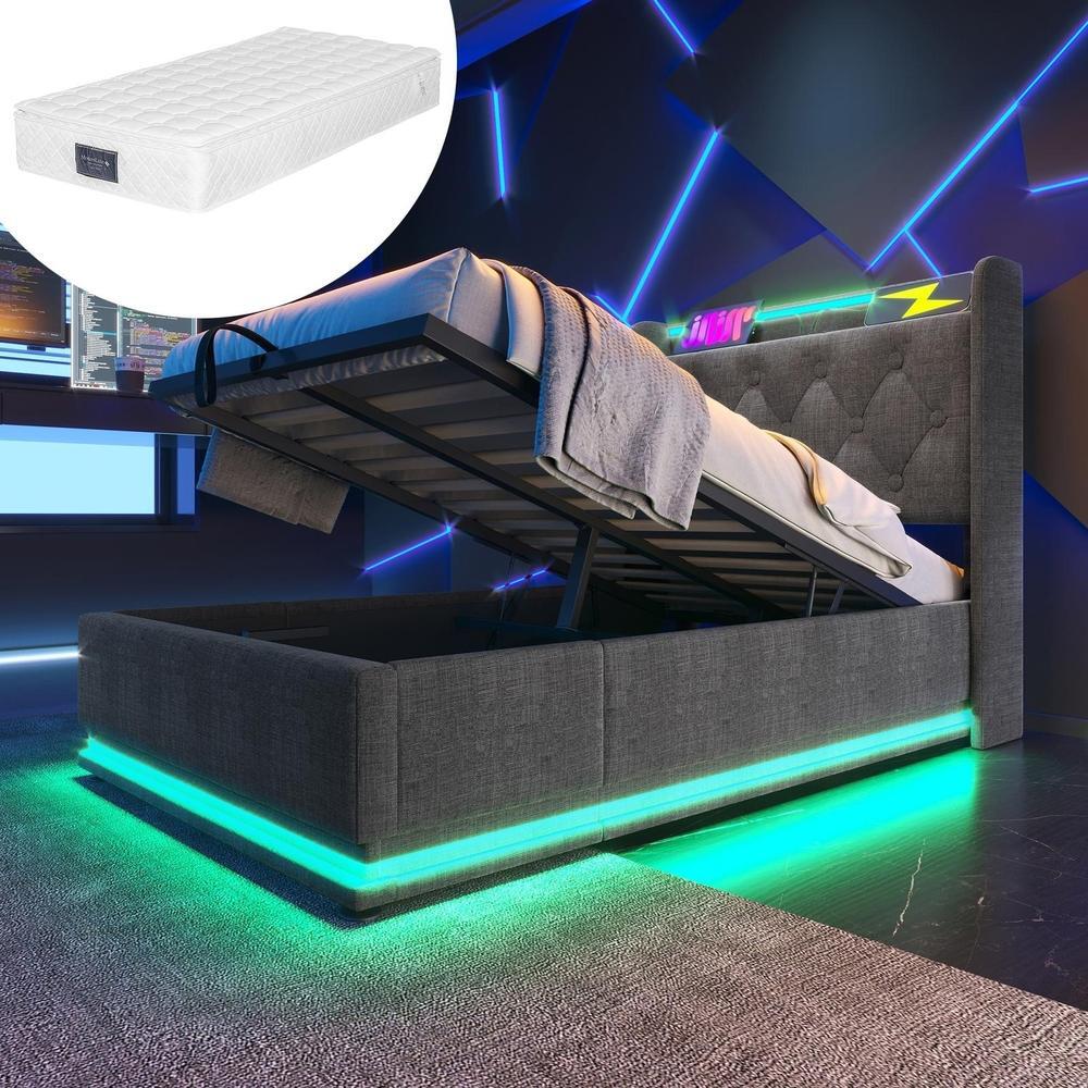 Cama acolchoada 90x200cm LED, cabeceira usb-c, arrumação, cinza