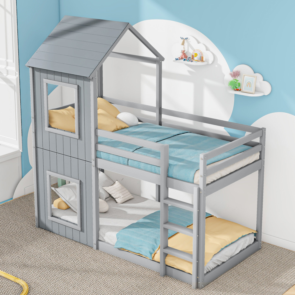 Beliche 90x200cm casinha em madeira de pinho – cinzento