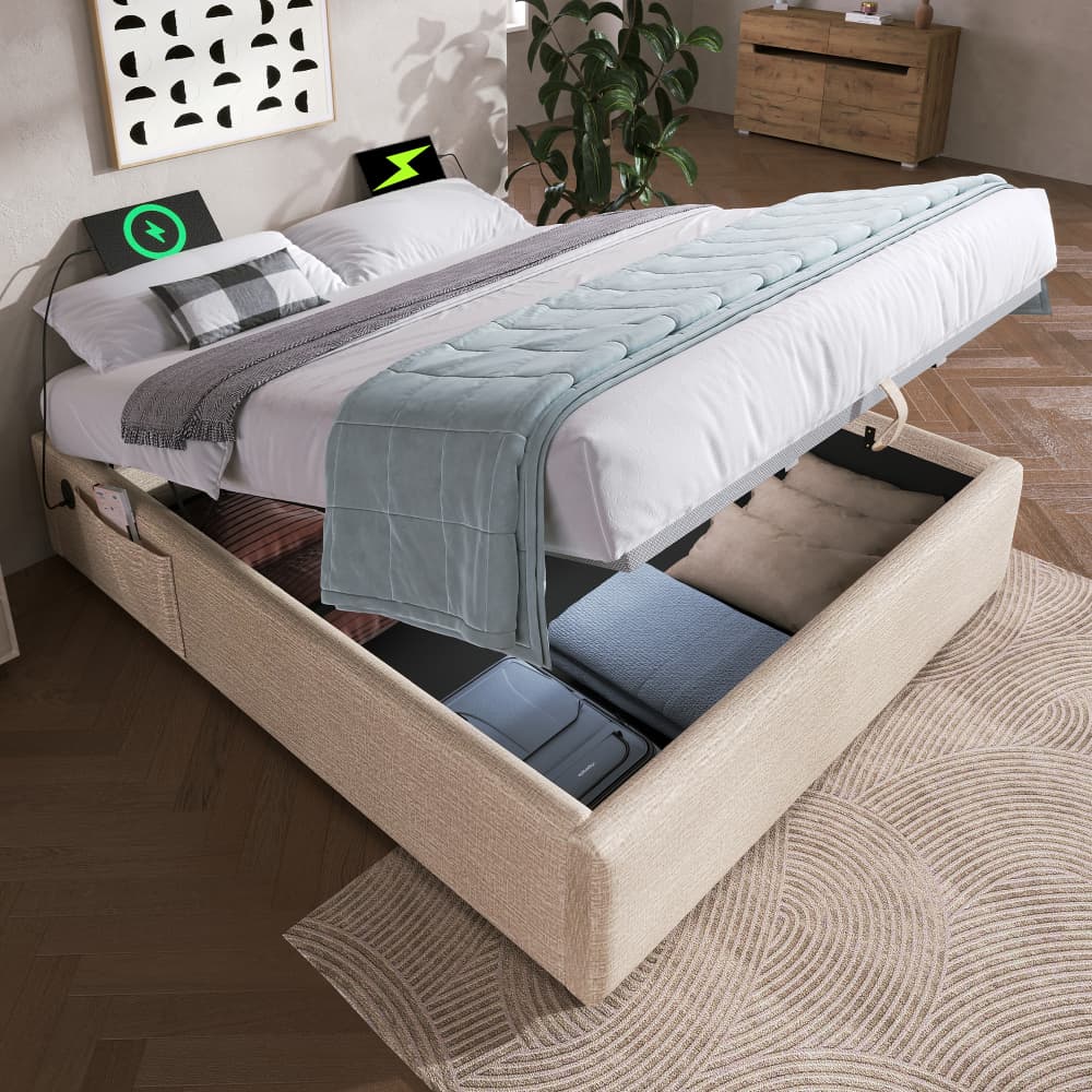 Cama de casal 140x200cm com arrumação usb e tipo c linho – bege