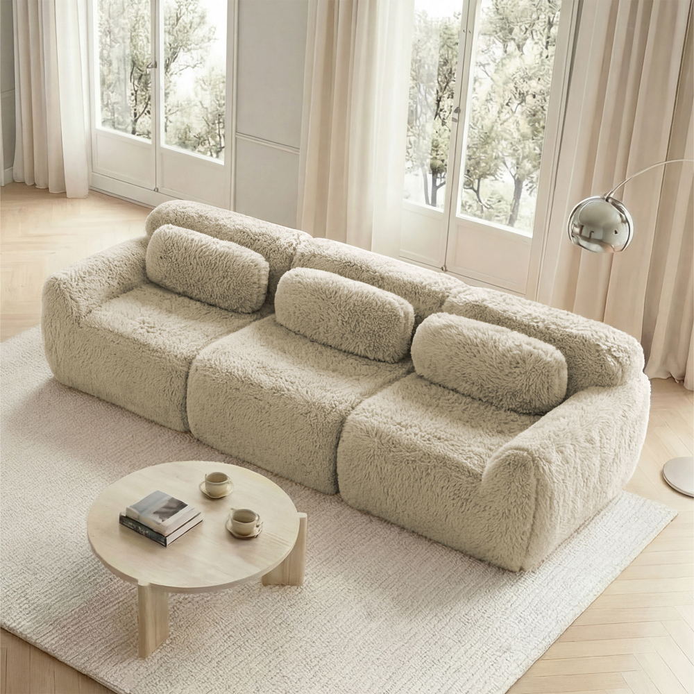 Sofá modular 3 lugares em pluche - baixo - bege cáqui claro