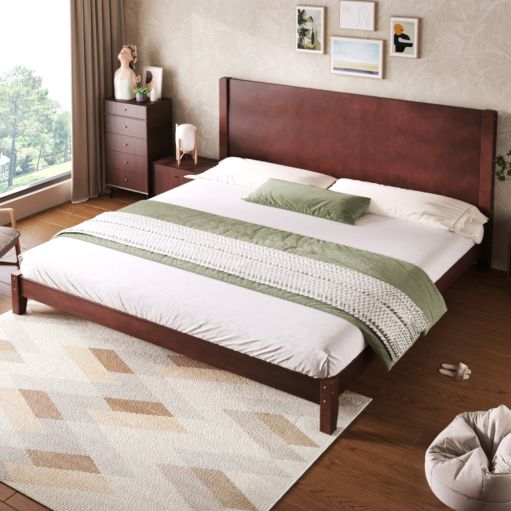 Cama de madeira 180x200cm com cabeceira e estrado – castanho