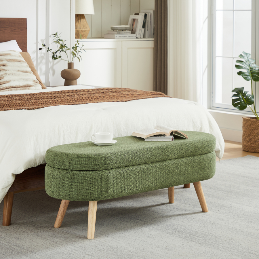 Banco com arrumação para quarto entrada chenille verde 110cm