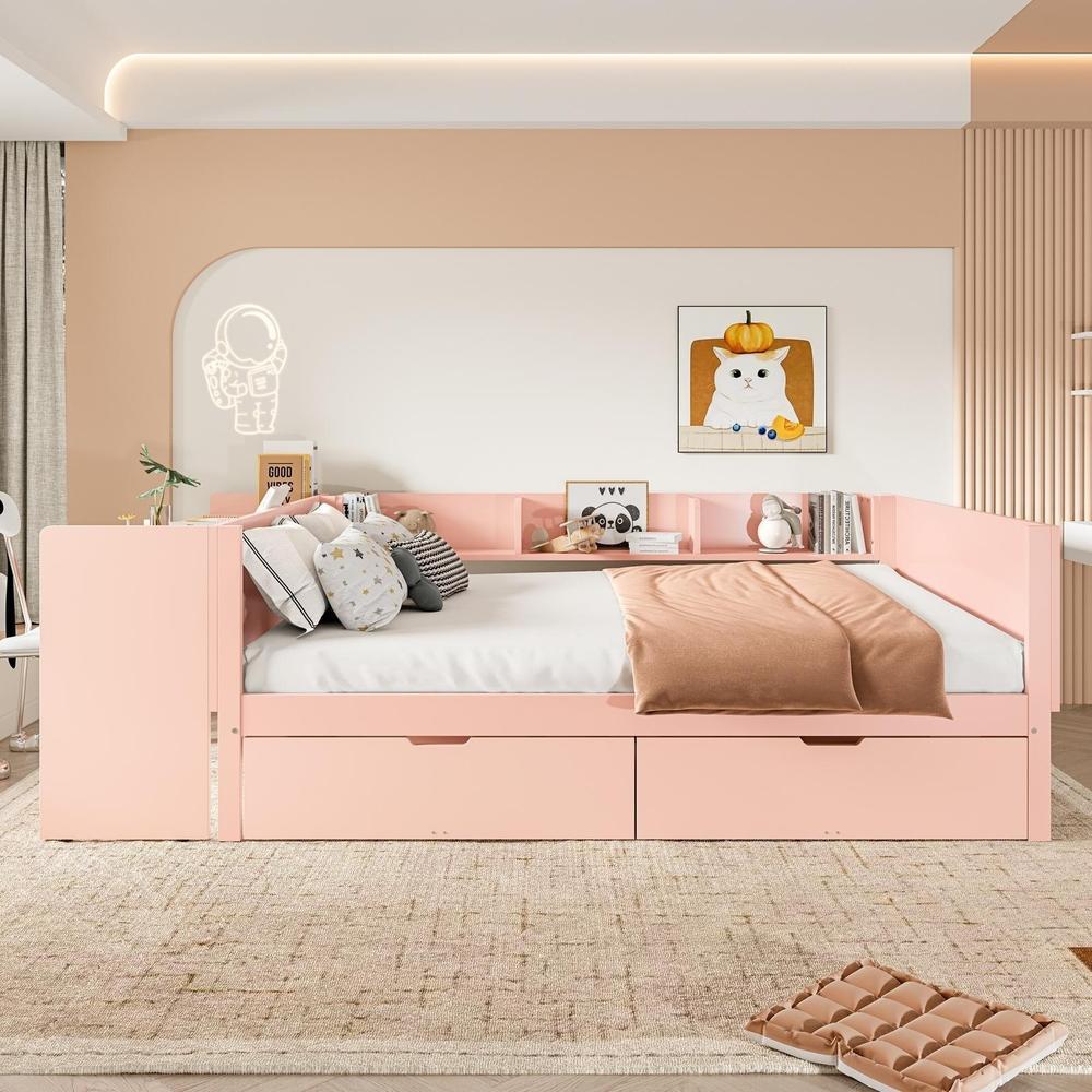 Cama 140x200cm com secretária integrada, 2 gavetas, prateleiras, rosa