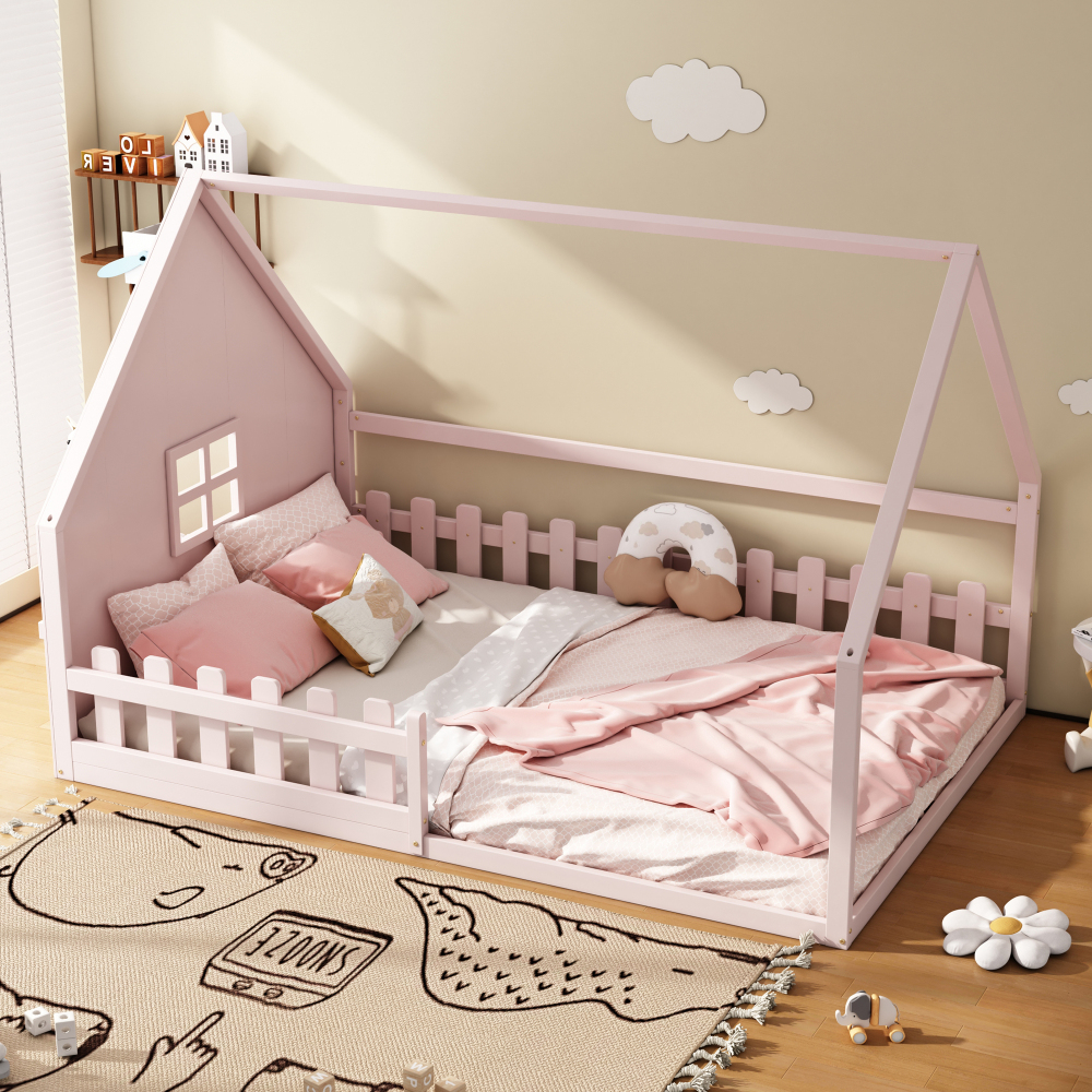 Cama infantil 140x200cm em casa com grade pinho – rosa