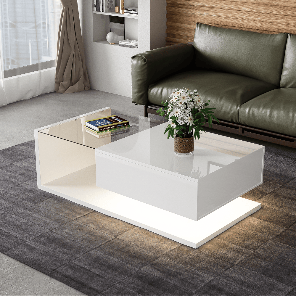 Mesa de centro com LED e vidro branco 32,5x105x55cm