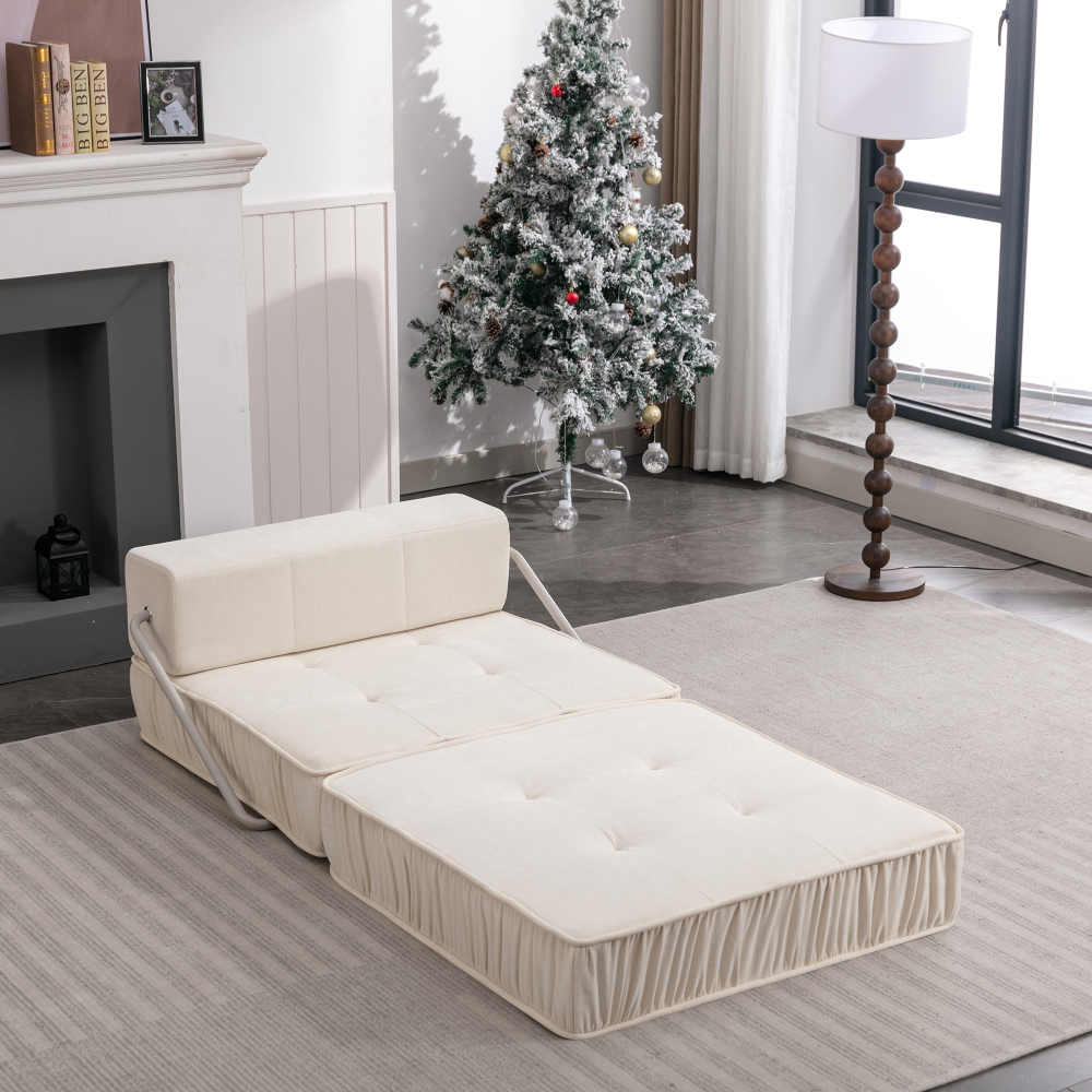 Sofá cama dobrável em chenille branco 2 em 1 para espaços pequenos