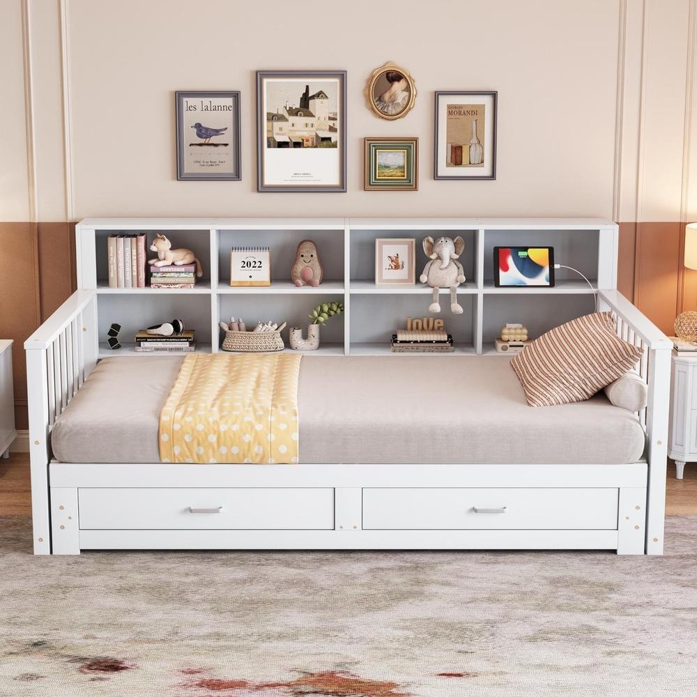 Sofá cama extensível 90/180x190cm com arrumação e 2 gavetas, branco