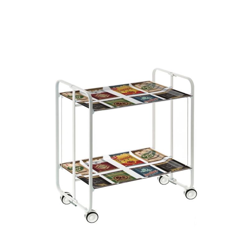 Carrinho de serviço dobrável bauhaus, armação de metal branco, 2 bandejas