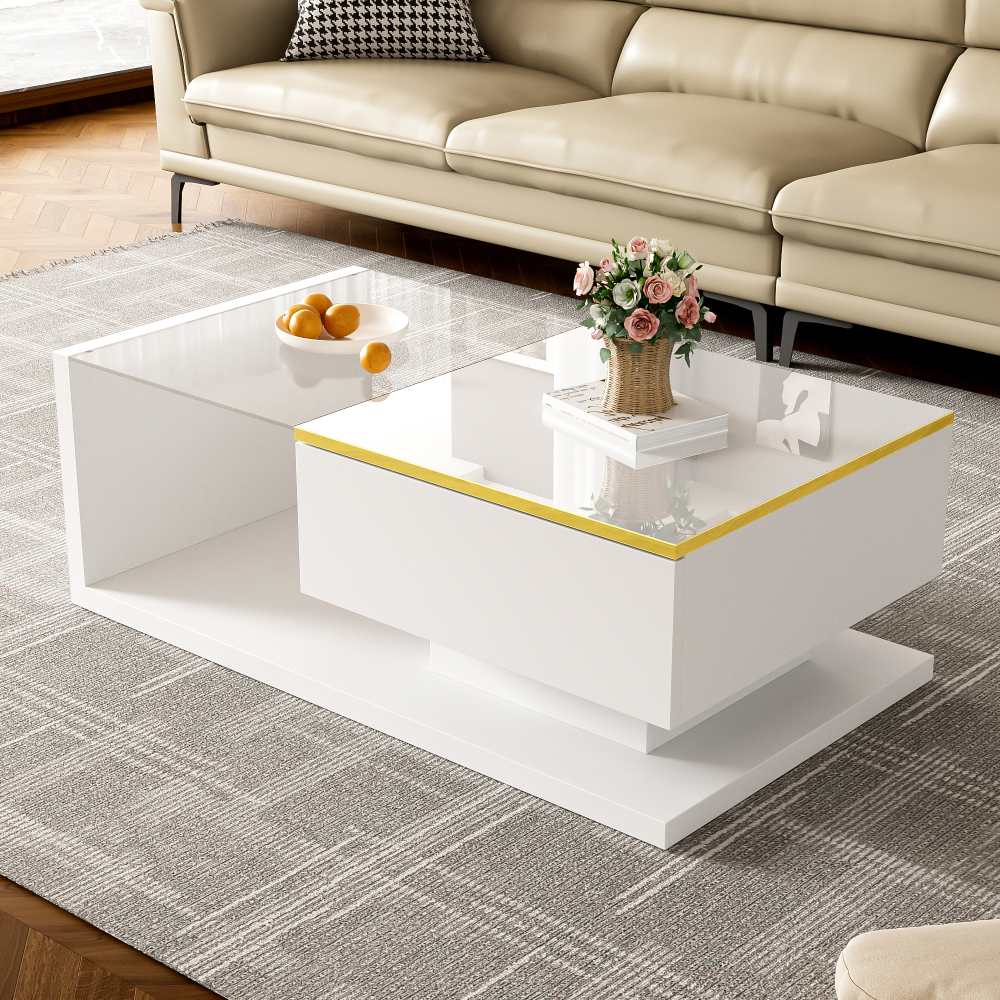 Mesa de centro branca com vidro e LED 32,5x90x50cm