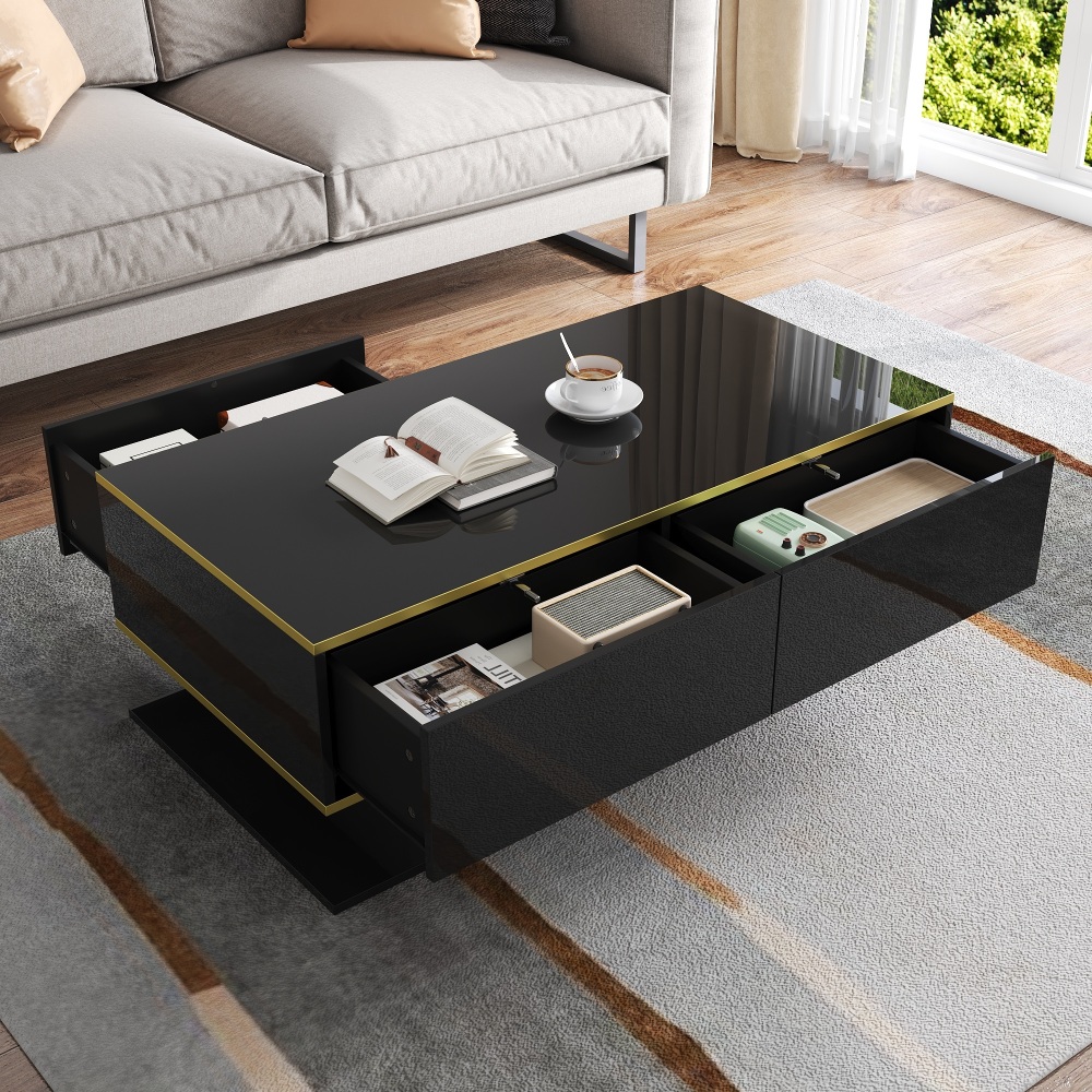 Mesa de centro com LED 3 gavetas preto e dourado 40x100x50cm
