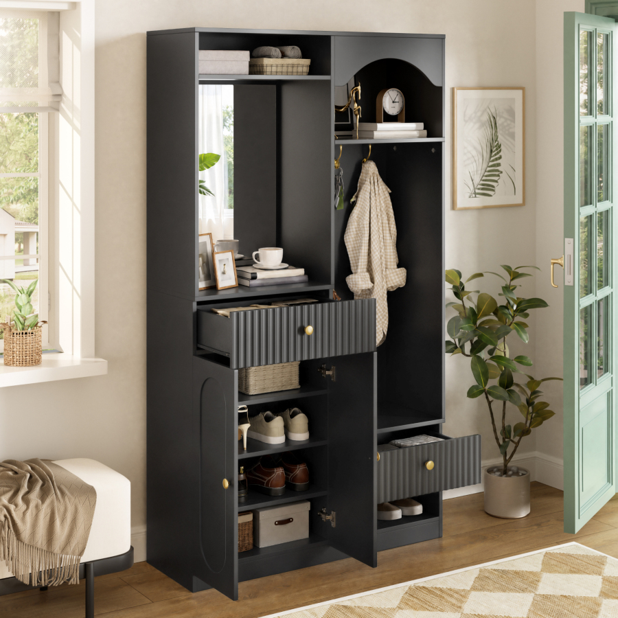 Garderobe de entrada com espelho banco e LED preto 180x100x35cm