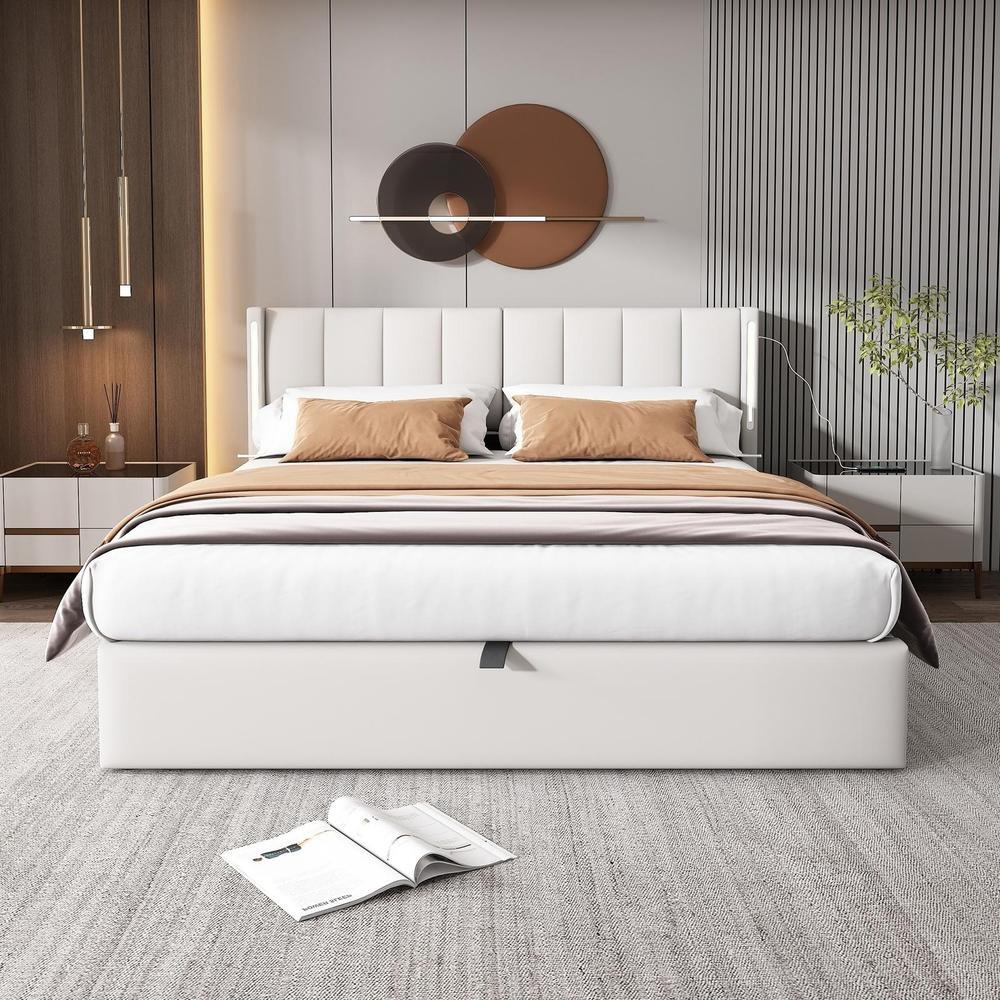 Cama 180x200 pu branca com LED, usb e cabeceira ajustável